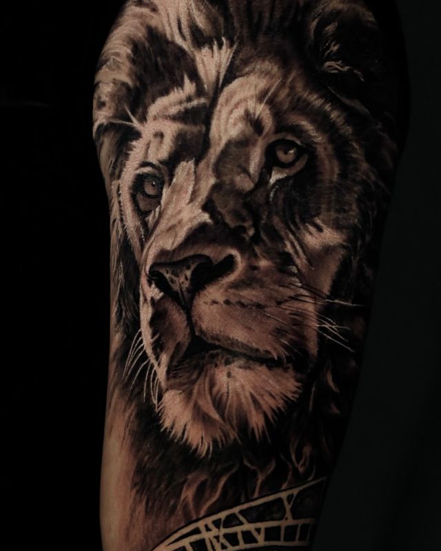 Aslan, kol projesi – siyah-gri realizm dövme, Benjamin, InkBlaze Ankara