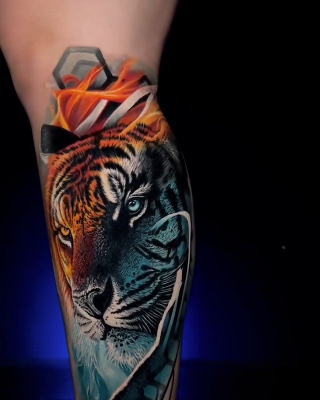 Kaplan, baldır – renkli realizm dövme, Alex Goodman, InkBlaze Ankara