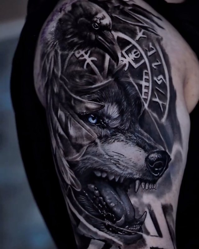 Kurt, kuzgun ve vegvísir – siyah-gri realizm dövme, Kirill Lee, InkBlaze Ankara