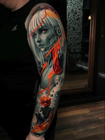 Siberpunk tam kol – renkli realizm dövme, InkBlaze Ankara